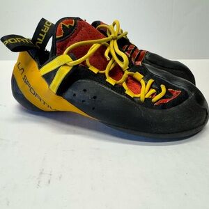 La Sportiva Black, Red, and Yellow Climbing Shoes
